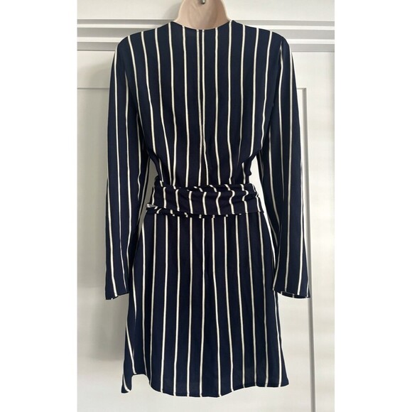 Reformation Zircon in Capone Stripes Long Sleeve Mini Dress Navy Blue Sz 6 - Picture 6 of 8